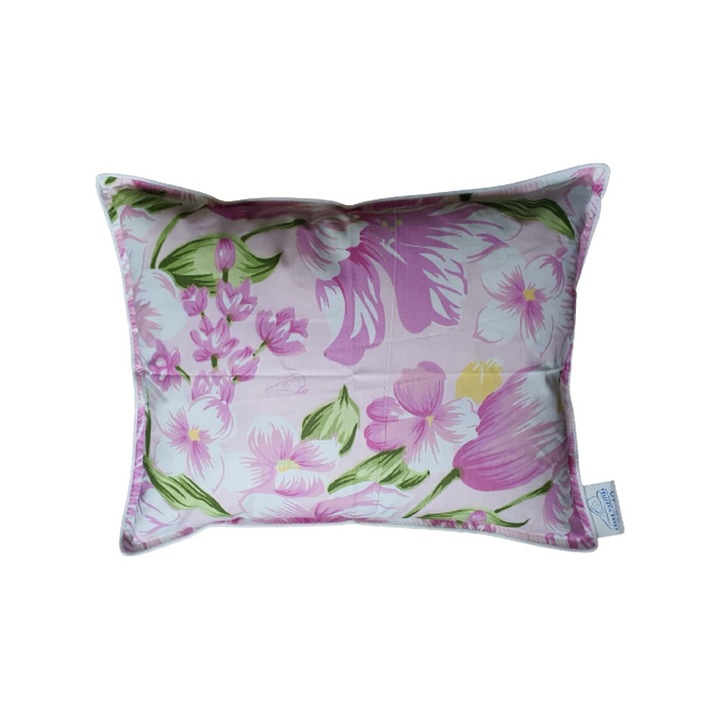 Perna traditionala din puf de gasca, HTT, model 100% bumbac, culoare Roz/Flori Mari, dimensiuni 30x40x20 cm, greutate 0,170 kg, forma dreptunghiulara, cusatura dubla