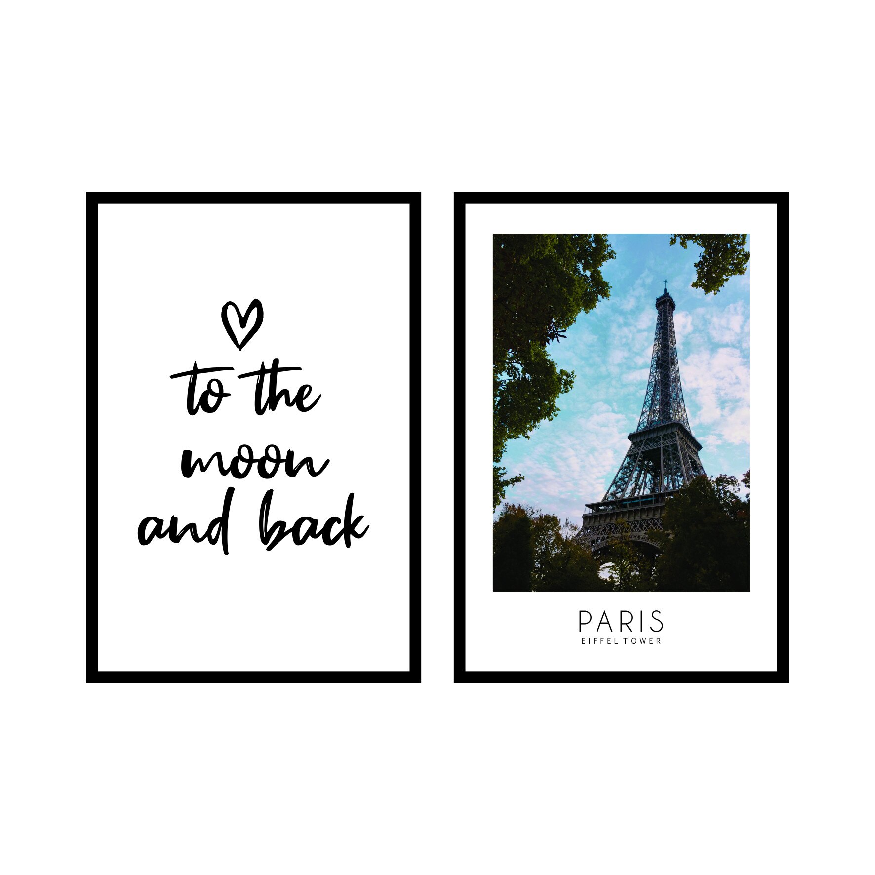 Set 2 tablouri cu rama neagra, passe-partout alb, 