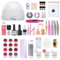 Kit unghii gel Sweet Red, Lila Rossa NailSchool, cu lampa uv led SunOne + set 12 geluri color + degresant + primer + top + baza + decoratiuni + tipsuri + accesorii