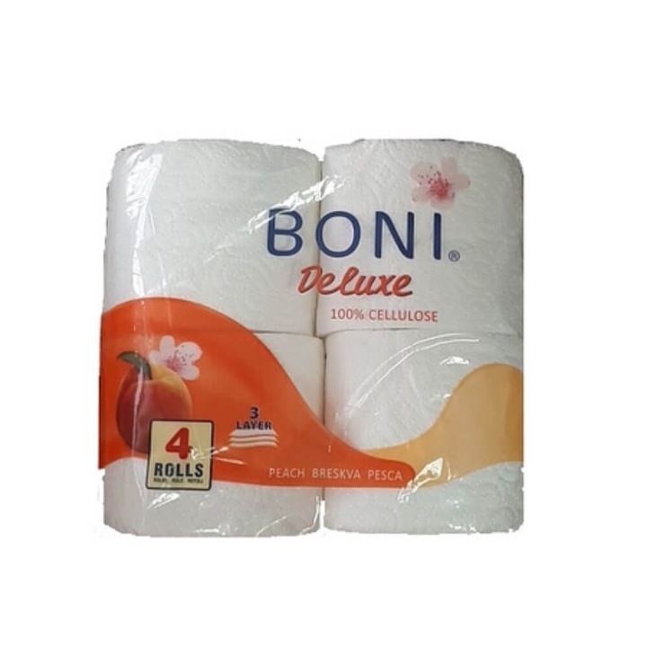 Тоалетна хартия BONI, 3 слоя, 4 ролки/кутия, аромат на праскова