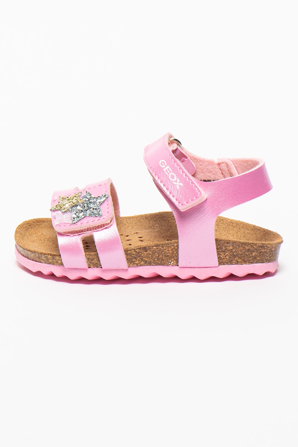 Geox, Sandale din piele ecologica cu stele stralucitoare Chalki, Roz/Argintiu, 20 EU