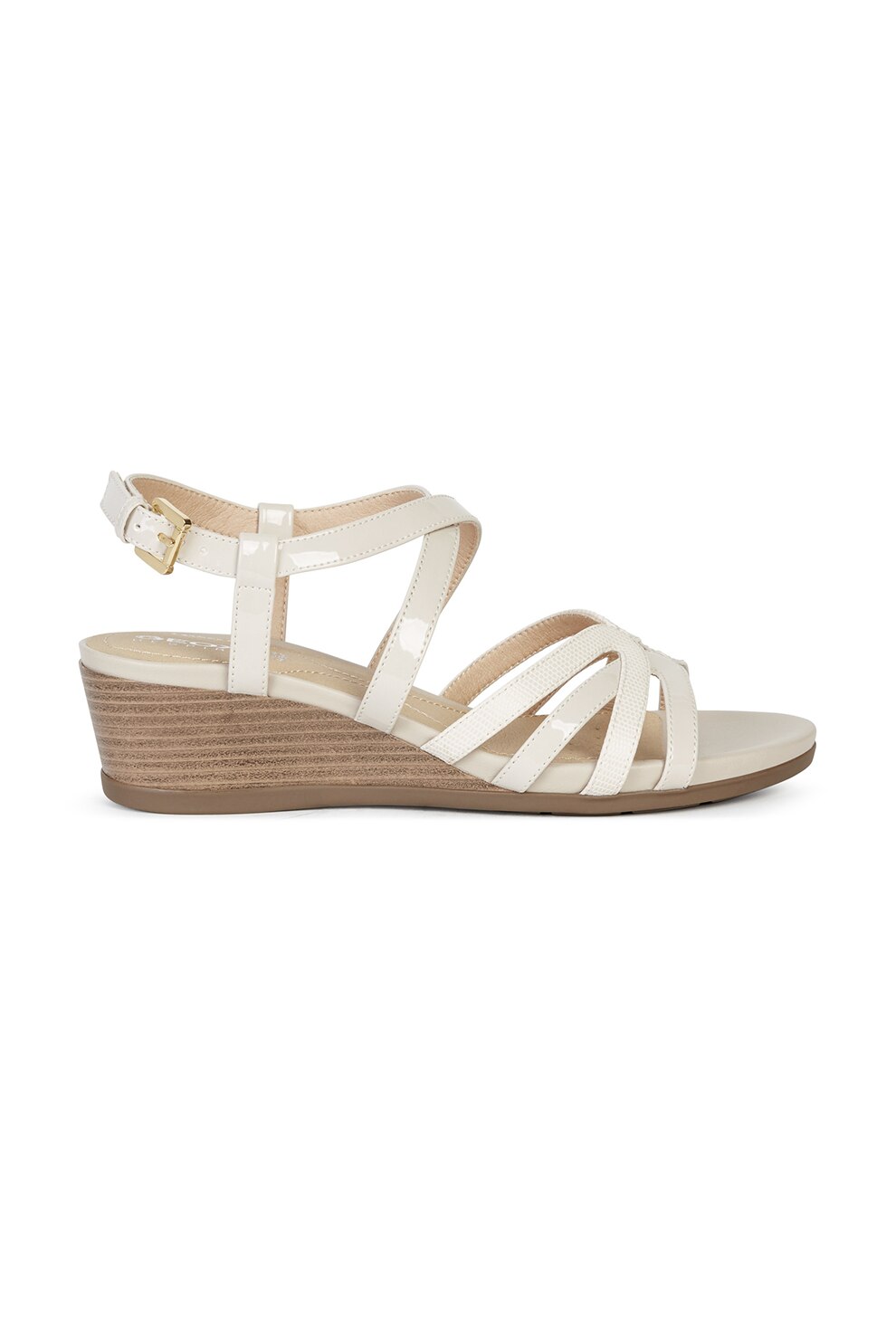 Geox, Pantofi slingback de piele ecologica lacuita cu barete multiple, Alb prafuit/Maro, 38