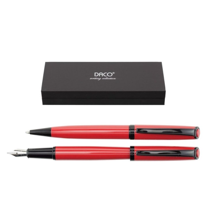 Set de Pix si Stilou DACO cu Penita Iridium Tip F, Pix cu Mina Tip Parker 1 mm, Culoare Corp Rosu si Negru