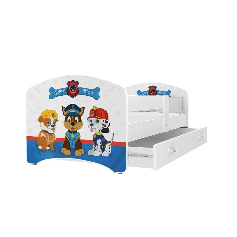 Set 4 piese patut tineret si copii cu sertar, saltea si cearceaf cu elastic, MyKids Lucky Super Dogs 140x80, Multicolor