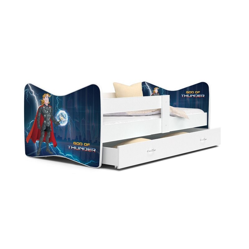 Set 4 piese patut tineret si copii cu sertar, saltea si cearceaf cu elastic, MyKids Tomi God of Thunder 160x80, Multicolor