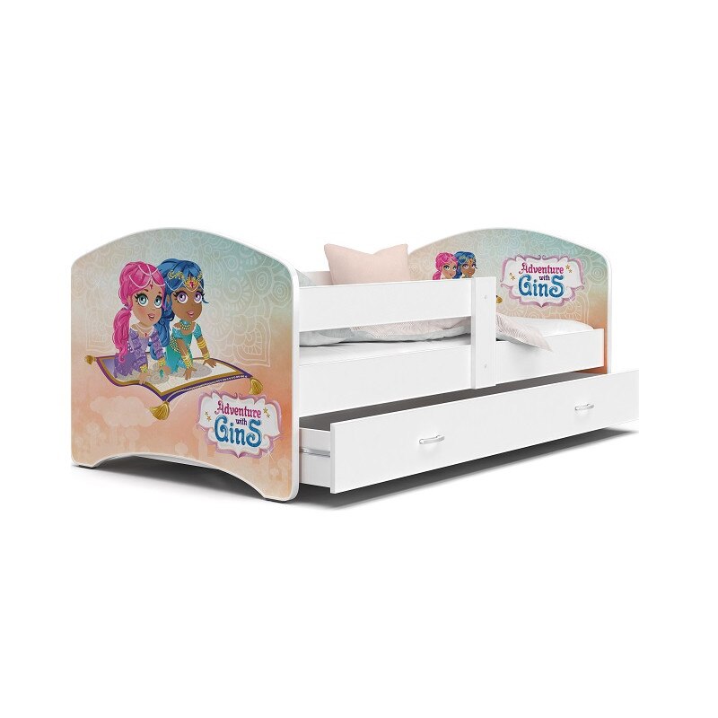 Set 4 piese patut tineret si copii cu sertar, saltea si cearceaf cu elastic, MyKids Lucky Adventure with Gins 140x80, Multicolor