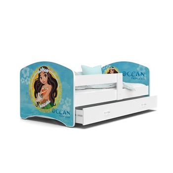 Set 4 piese patut tineret si copii cu sertar, saltea si cearceaf cu elastic, MyKids Lucky Ocean Princess 140x80, Multicolor Set 4 piese patut tineret si copii cu sertar, saltea si cearceaf cu elastic, MyKids Lucky Ocean Princess 140x80, Multicolor