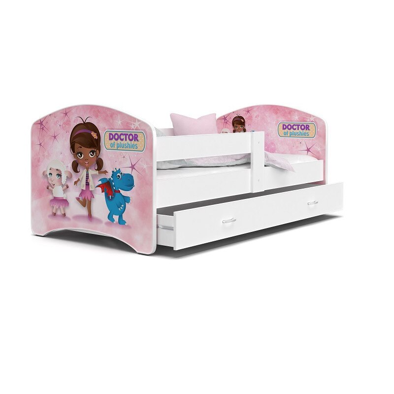 Set 4 piese patut tineret si copii cu sertar, saltea si cearceaf cu elastic, MyKids Lucky Doctor Plushie 140x80, Multicolor