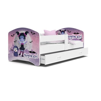 Set 4 piese patut tineret si copii cu sertar, saltea si cearceaf cu elastic, MyKids Lucky Vampire Girl 140x80, Multicolor Set 4 piese patut tineret si copii cu sertar, saltea si cearceaf cu elastic, MyKids Lucky Vampire Girl 140x80, Multicolor