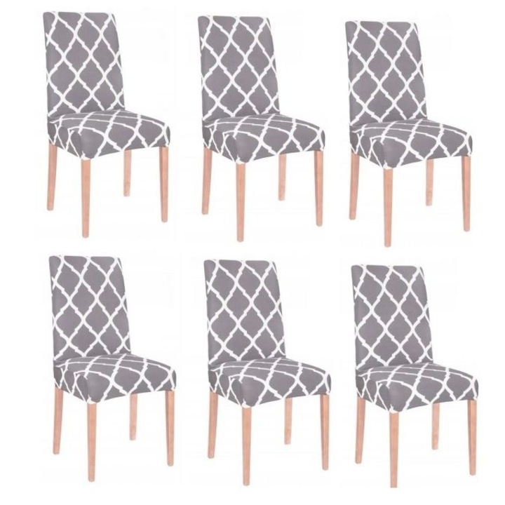 Set 6 huse scaun dining/bucatarie, din spandex, model trifoi, culoare gri