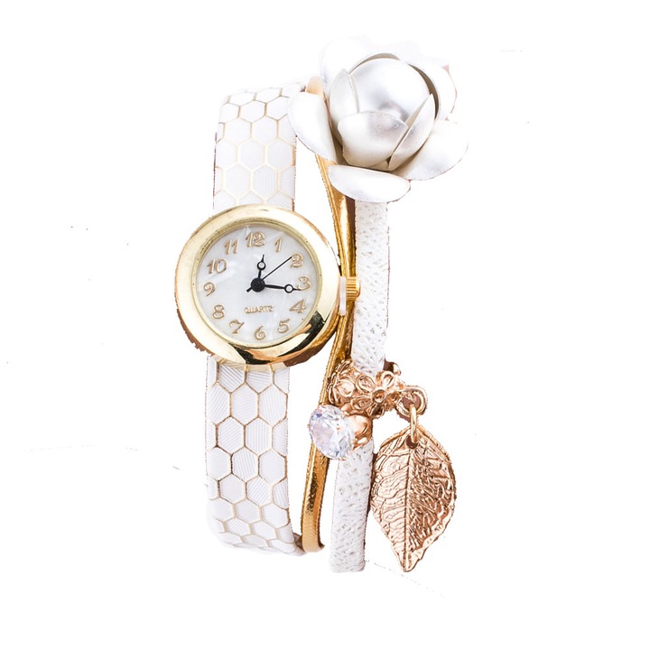 Ceas Duoya Dama Quartz Casual Elegant Alb, PN999283AB, curea din piele, afisaj Analog