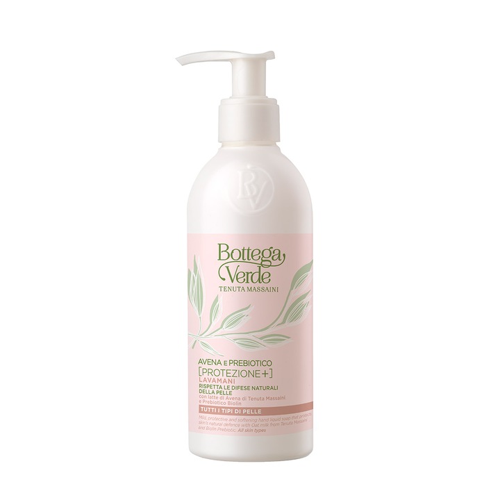 Защитен течен сапун, Bottega Verde, с овесено мляко от домейна Massaini и пребиотик Biolin - Avena e Prebiotico, Нежно почистване и хидратация за ръце, Идеален за нормална кожа, 250 ml