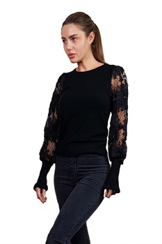 No brand - Ефектна дамска блуза с ръкави от мрежа и бродирани флорални елементи Foresta Bella 1311, L-XL, черен
