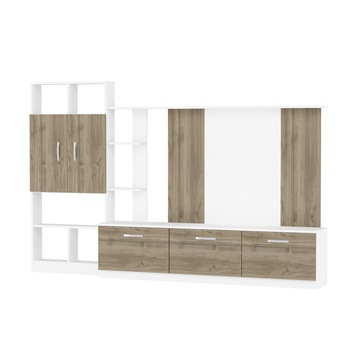 Mobila living cu spatii depozitare alb-nuc Loud Homs 2.40 m Mobila living cu spatii depozitare alb-nuc Loud Homs 2.40 m