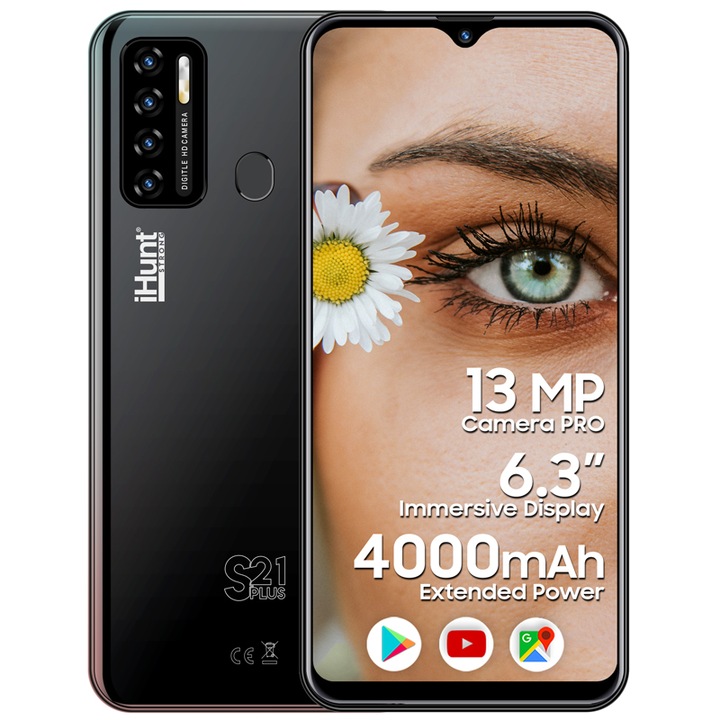 Смартфон iHunt S21 Plus 2021, 6.3-inci IPS, 2GB RAM, 16GB ROM, DualSIM, Android 10 GO, 4000mAh, Camera 13MP, черно