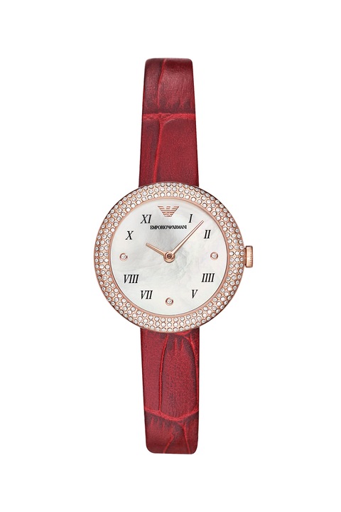 Emporio Armani, Иноксов часовник с кожена каишка, Тъмночервен