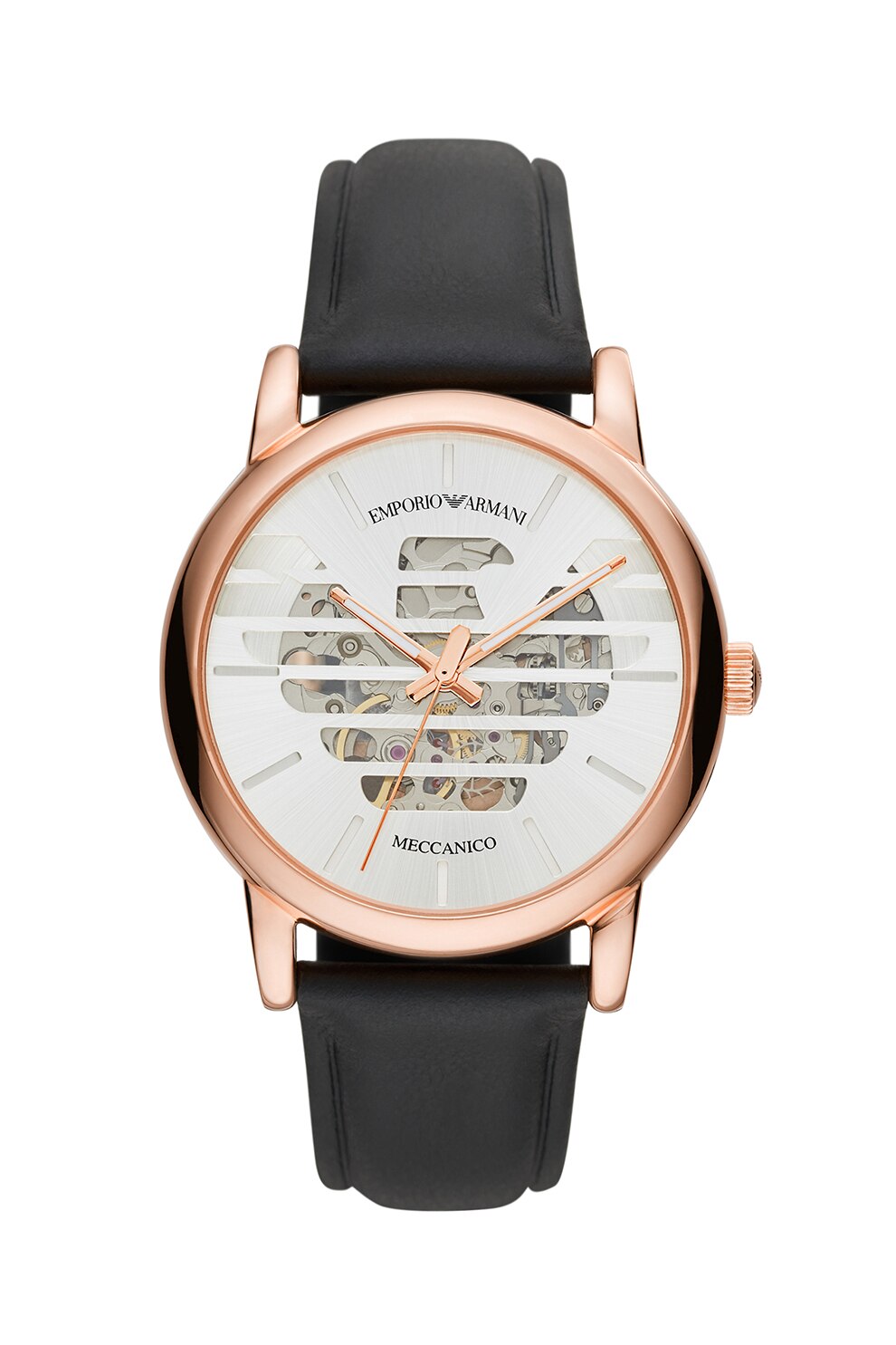 Emporio Armani, Ceas cu mecanism vizibil si curea de piele, Negru