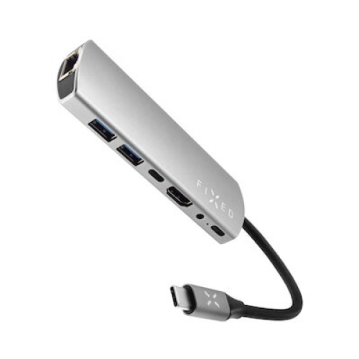 Adaptor Multiport Hub USB-C 7 in 1, Fixed, USB 3.0, Ethernet RJ45, HDMI 4K, Audio 3,5 mm, Aluminium, PD 100W