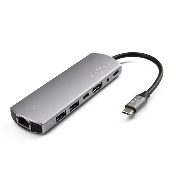 Хъб Fixed, USB-C 7 в 1, USB 3.0, Ethernet RJ45, HDMI 4K, Аудио 3.5 мм, PD 100 W, Алуминий