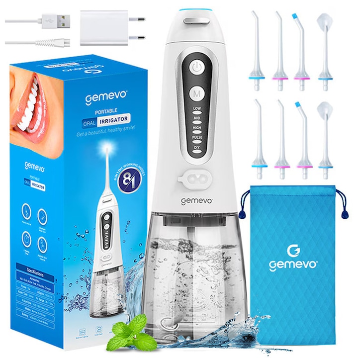 Irigator Bucal Profesional tip Dus Bucal Gemevo® Family, Irigator Oral fara fir, Portabil, 5 TREPTE de presiune, 12 niveluri de intensitate, Mod DIY, IPX8, Rezervor 300 ML, Culoare Alb