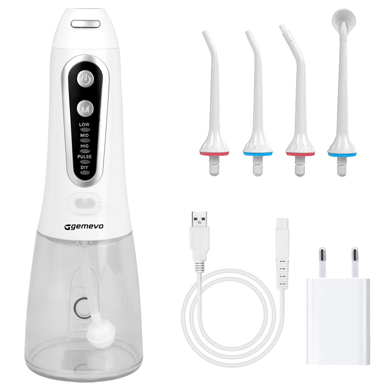 Irigator Oral Profesional pentru Dus Bucal, Gemevo® Family, 5 TREPTE de presiune, fara fir, IPX8, Rezervor 300 ML, Culoare Alb/Negru