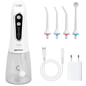 Irigator Oral Profesional pentru Dus Bucal, Gemevo® Family, 5 TREPTE de presiune, fara fir, IPX8, Rezervor 300 ML, Culoare Alb/Negru Irigator Oral Profesional pentru Dus Bucal, Gemevo® Family, 5 TREPTE de presiune, fara fir, IPX8, Rezervor 300 ML, Culoare Alb/Negru