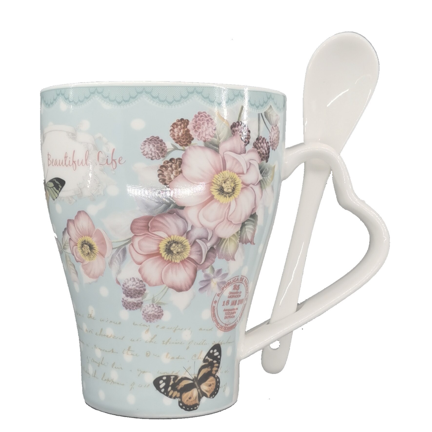 Cana cu lingurita, model floral, multicolor, 250ml, 13-14/12