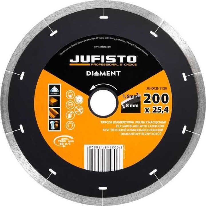 Disc diamantat, beton, taiere umeda, 200 mm/25.4 mm, Jufisto