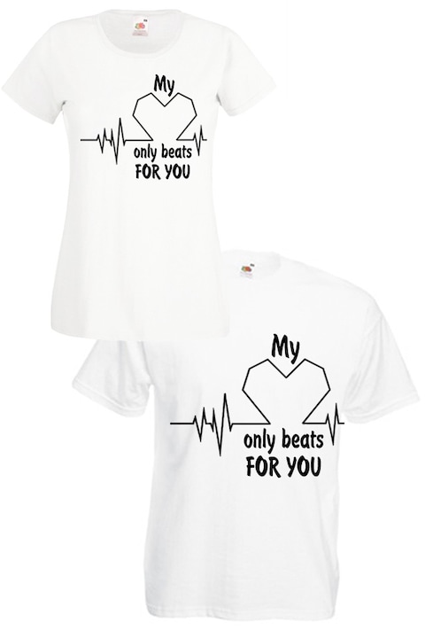 Комплект тениски Fruit of the Loom My Heart Beats For You 13020956, бели, дамска S и мъжка 2XL