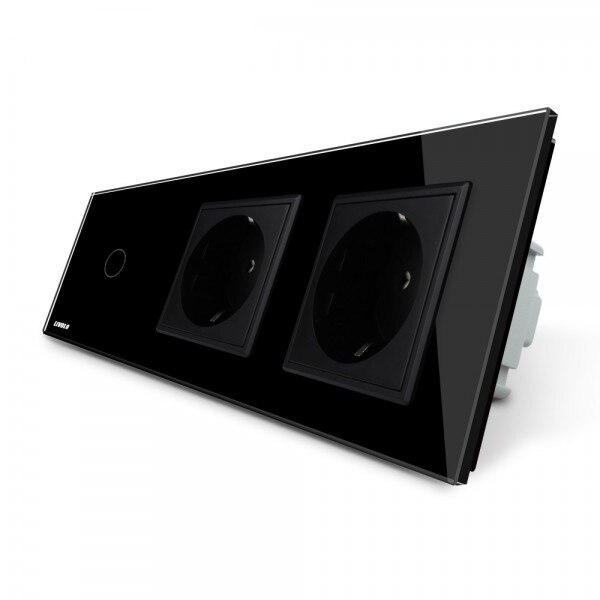 Intrerupator LIVOLO simplu cap scara / cap cruce cu touch si 2 prize din sticla negru, VL-C701S/C7-C2EU-12