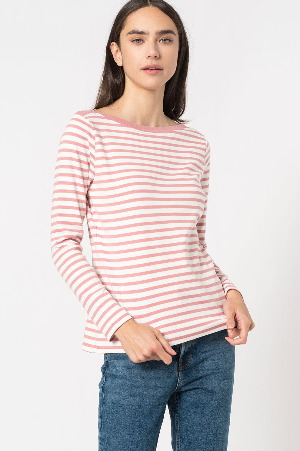 Tom Tailor, Bluza cu model in dungi si decolteu barcuta, Alb/Roz