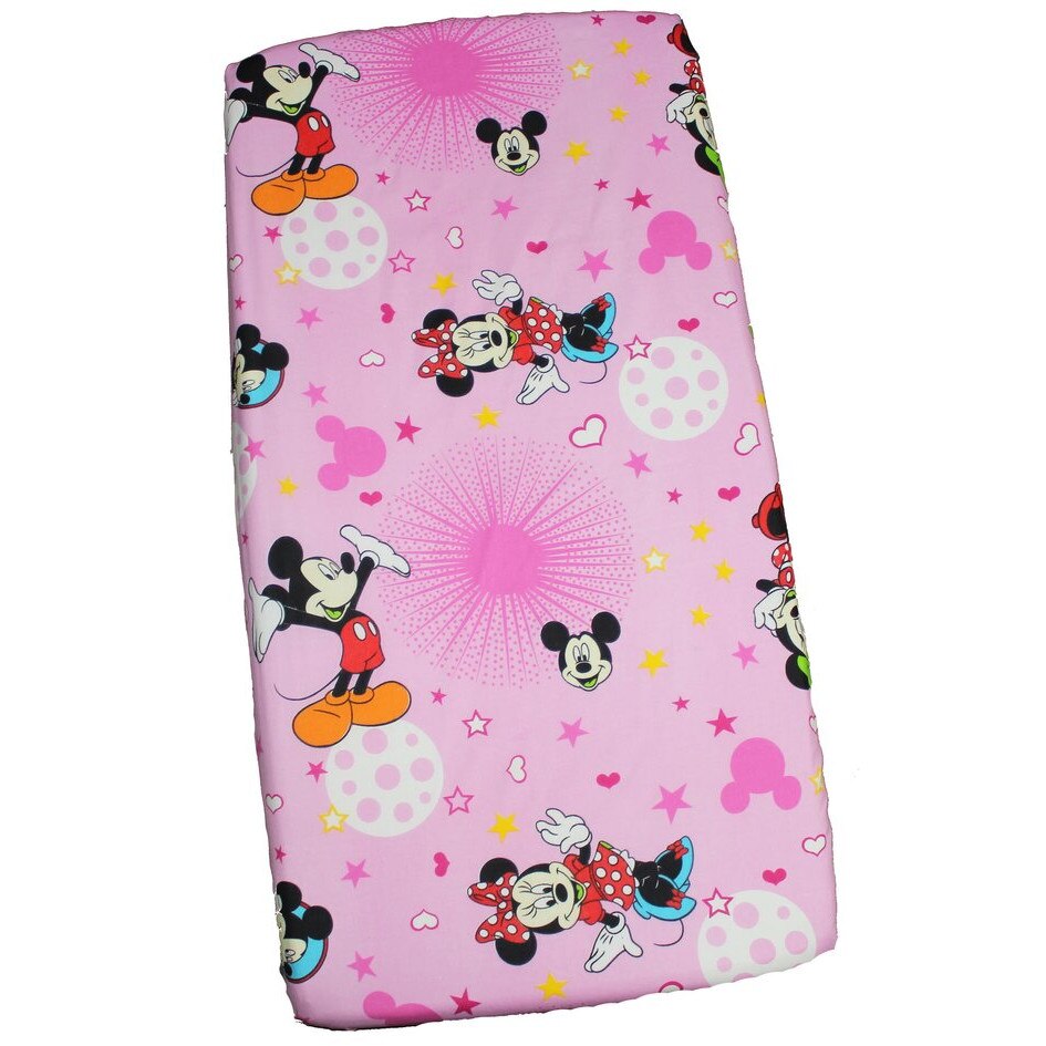 Cearceaf patut, Minnie si Mickey, roz cu stelute, 120x60 cm