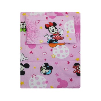 Lenjerie 3 piese, Minnie si Mickey, roz cu stelute, 120x60cm Lenjerie 3 piese, Minnie si Mickey, roz cu stelute, 120x60cm