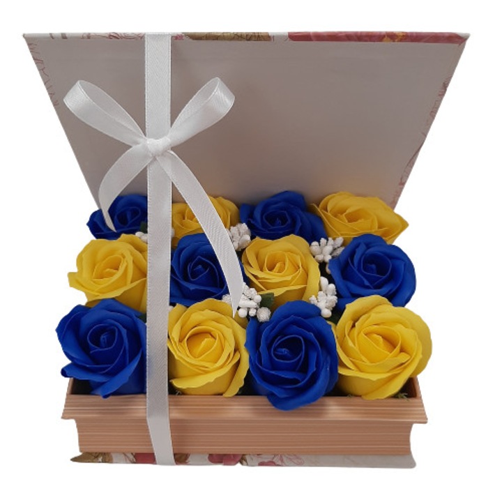 Сапунени рози с бяла панделка, Жълт/Син