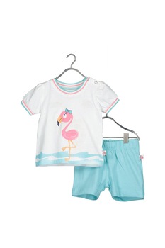 Blue Seven, Set de tricou si pantaloni scurti cu flamingo, Alb/Albastru aqua Blue Seven, Set de tricou si pantaloni scurti cu flamingo, Alb/Albastru aqua