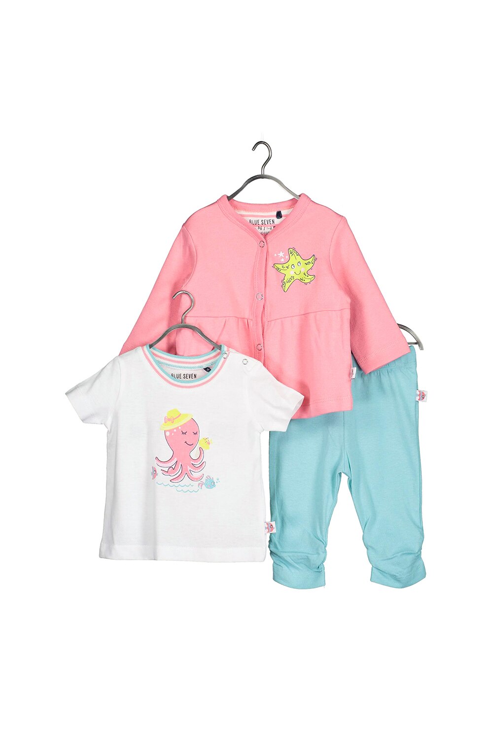 Blue Seven, Set 3 piese cu tricou, cardigan si pantaloni, fete, cu imprimeu maritim, Roz/Albastru aqua/Alb, Roz/Albastru aqua/Alb