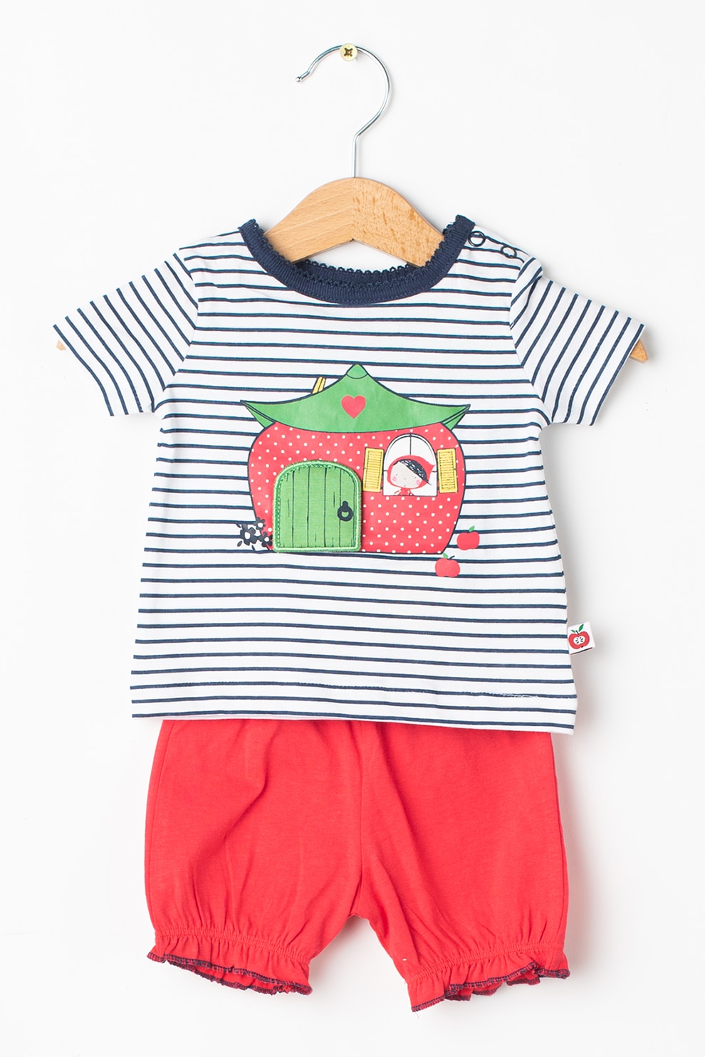 Blue Seven, Set de tricou si pantaloni scurti de bumbac organic, Alb/Bleumarin/Corai