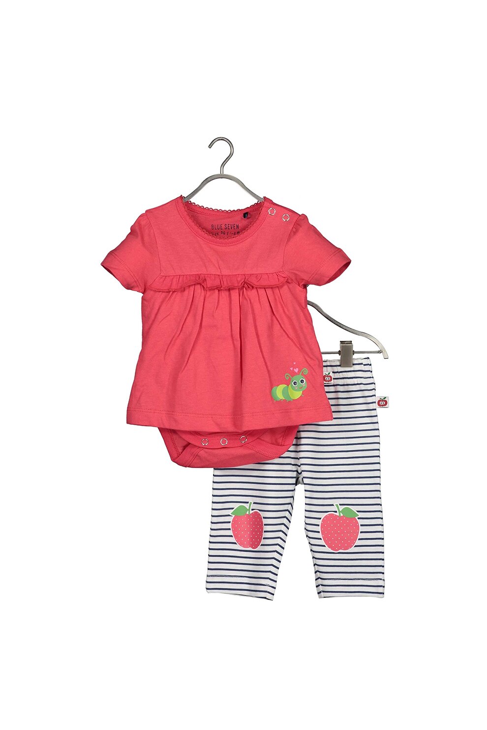 Blue Seven, Set de body tip tricou si colanti de bumbac, Rosu/Alb/Bleumarin