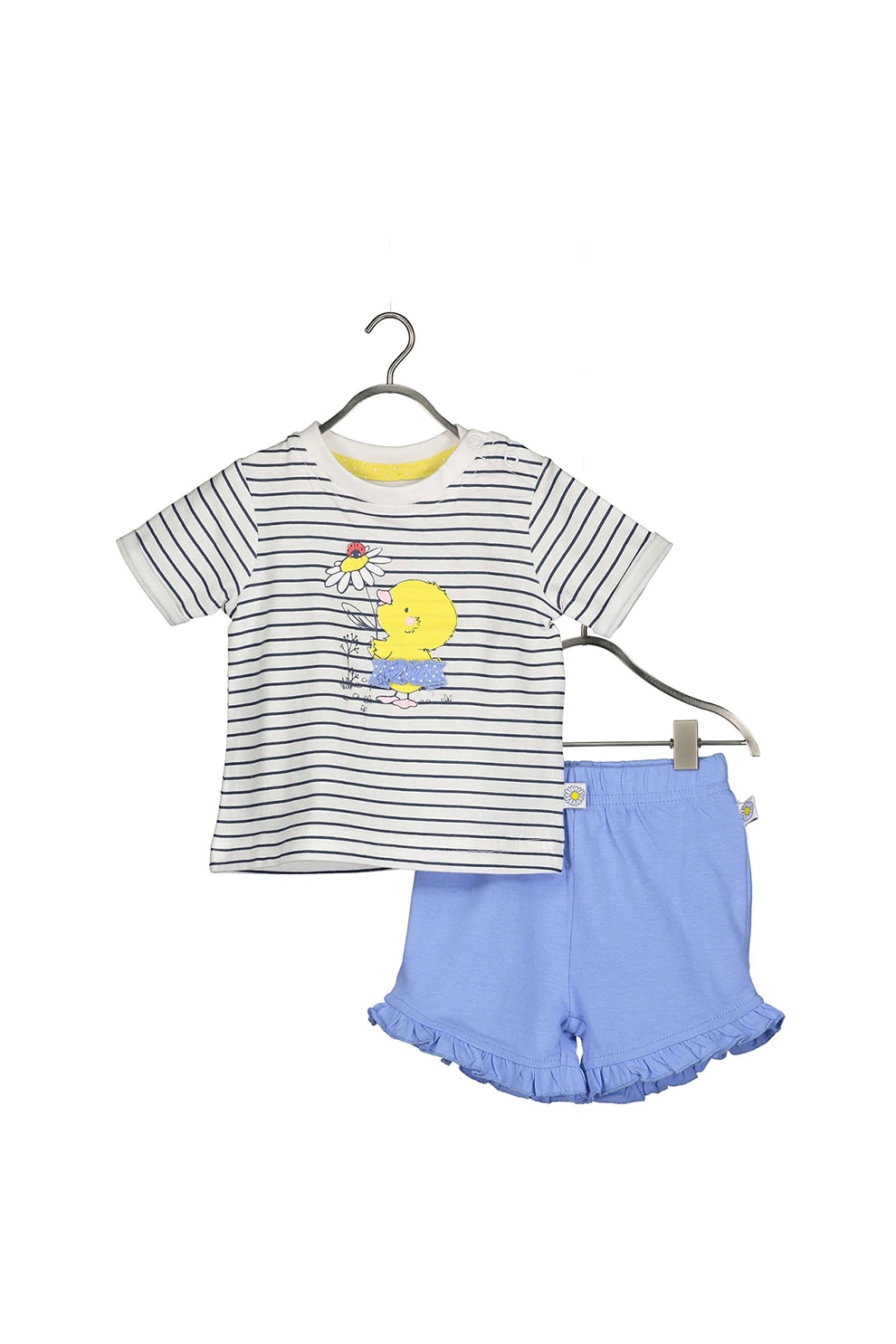 Blue Seven, Set de tricou si pantaloni scurti de bumbac, Alb/Albastru lavanda/Galben