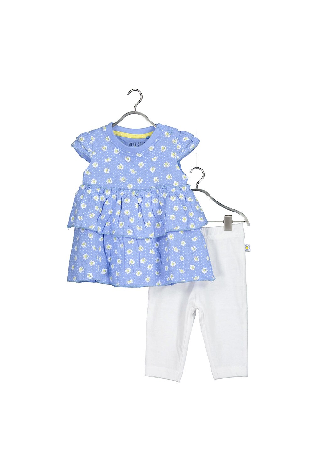 Blue Seven, Set de tricou si colanti cu margarete, Alb/Albastru lavanda, 62 CM