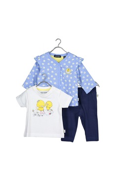 Blue Seven, Set 3 piese cu tricou, cardigan si pantaloni, de bumbac, fete, cu imprimeu, Albastru/Alb/Galben, Albastru/Alb/Galben Blue Seven, Set 3 piese cu tricou, cardigan si pantaloni, de bumbac, fete, cu imprimeu, Albastru/Alb/Galben, Albastru/Alb/Galben