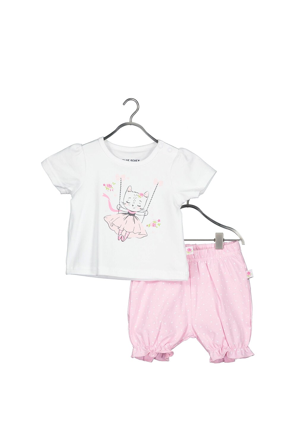 Blue Seven, Set de tricou si pantaloni scurti bufanti cu pisica, Alb/Roz
