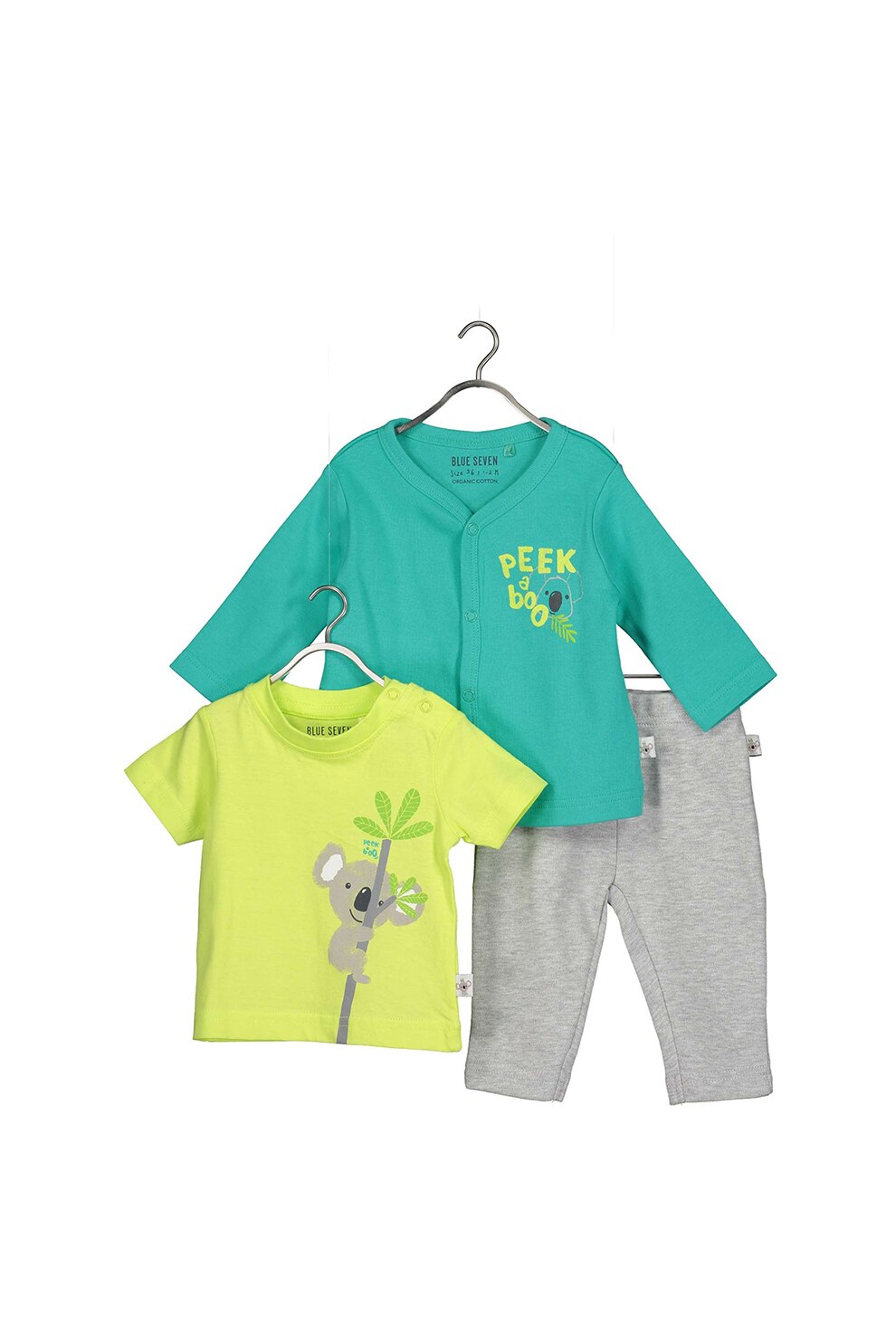 Blue Seven, Set de cardigan, tricou si pantaloni lungi, Verde persan/Gri melange
