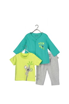 Blue Seven, Set de cardigan, tricou si pantaloni lungi, Verde persan/Gri melange Blue Seven, Set de cardigan, tricou si pantaloni lungi, Verde persan/Gri melange