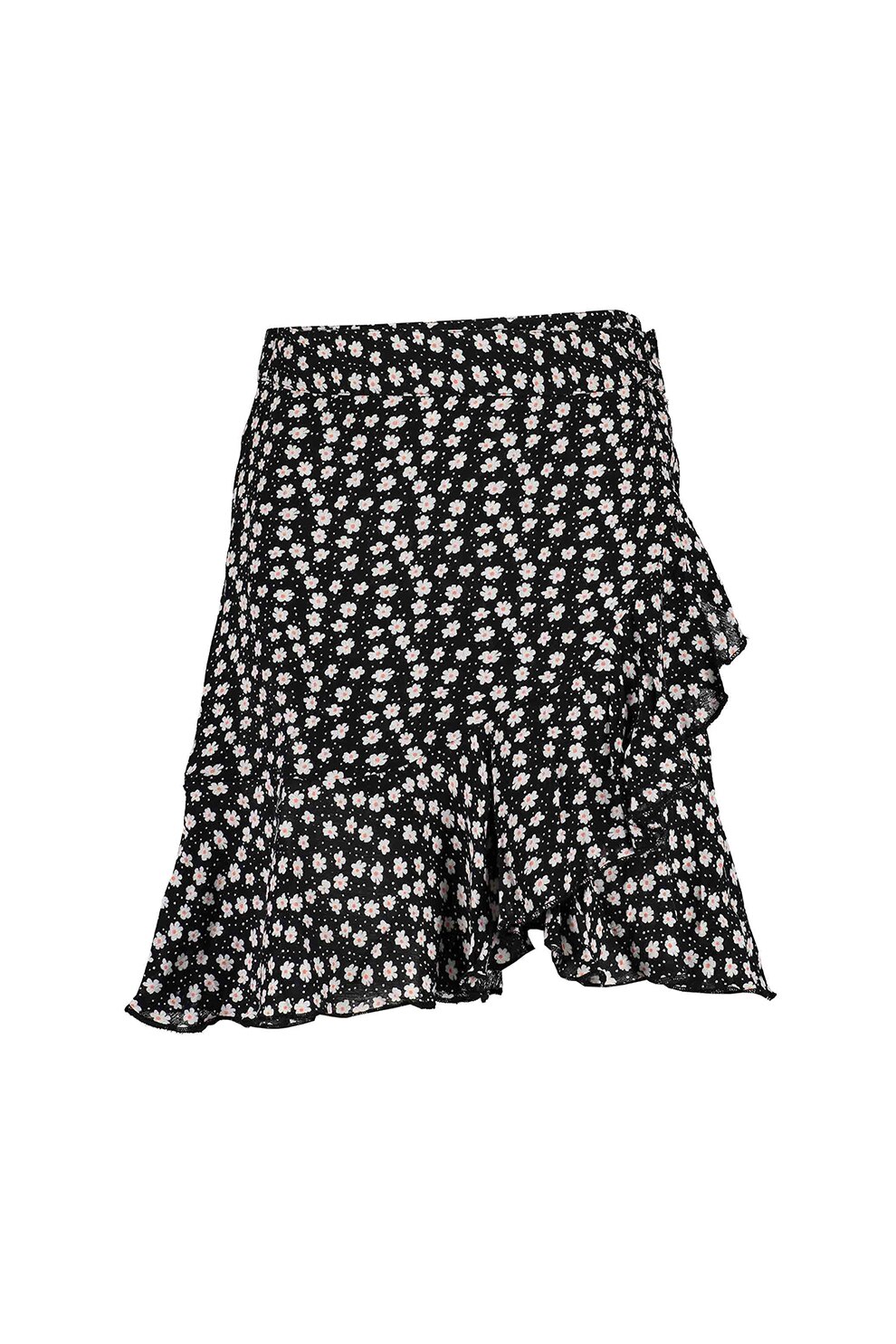 Blue Seven, Fusta cu imprimeu floral si volane, Negru/Alb/Roz