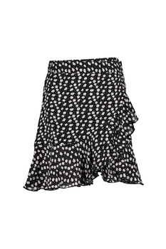 Blue Seven, Fusta cu imprimeu floral si volane, Negru/Alb/Roz Blue Seven, Fusta cu imprimeu floral si volane, Negru/Alb/Roz