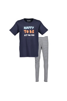 Blue Seven, Pijama de bumbac organic cu maneci scurte, Bleumarin/Alb/Oranj Blue Seven, Pijama de bumbac organic cu maneci scurte, Bleumarin/Alb/Oranj