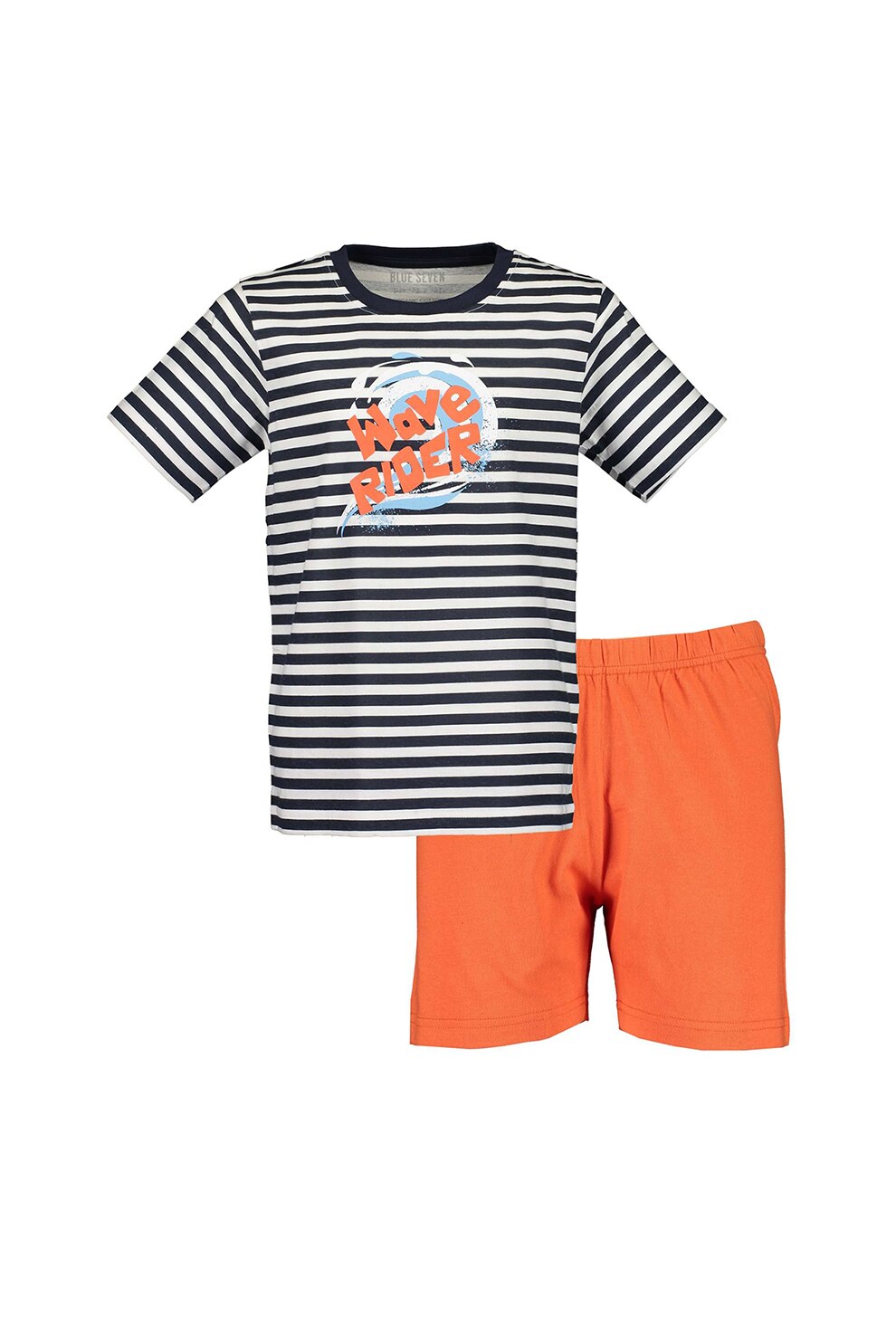Blue Seven, Pijama de bumbac organic cu maneci scurte, Alb/Bleumarin/Oranj mandarina