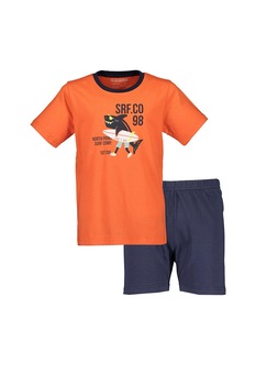 Blue Seven, Pijama scurta cu imprimeu grafic, Oranj/Bleumarin Blue Seven, Pijama scurta cu imprimeu grafic, Oranj/Bleumarin