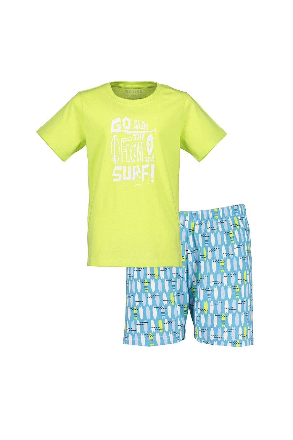 Blue Seven, Pijama scurta cu imprimeu grafic si text, Verde lime/Alb/Albastru